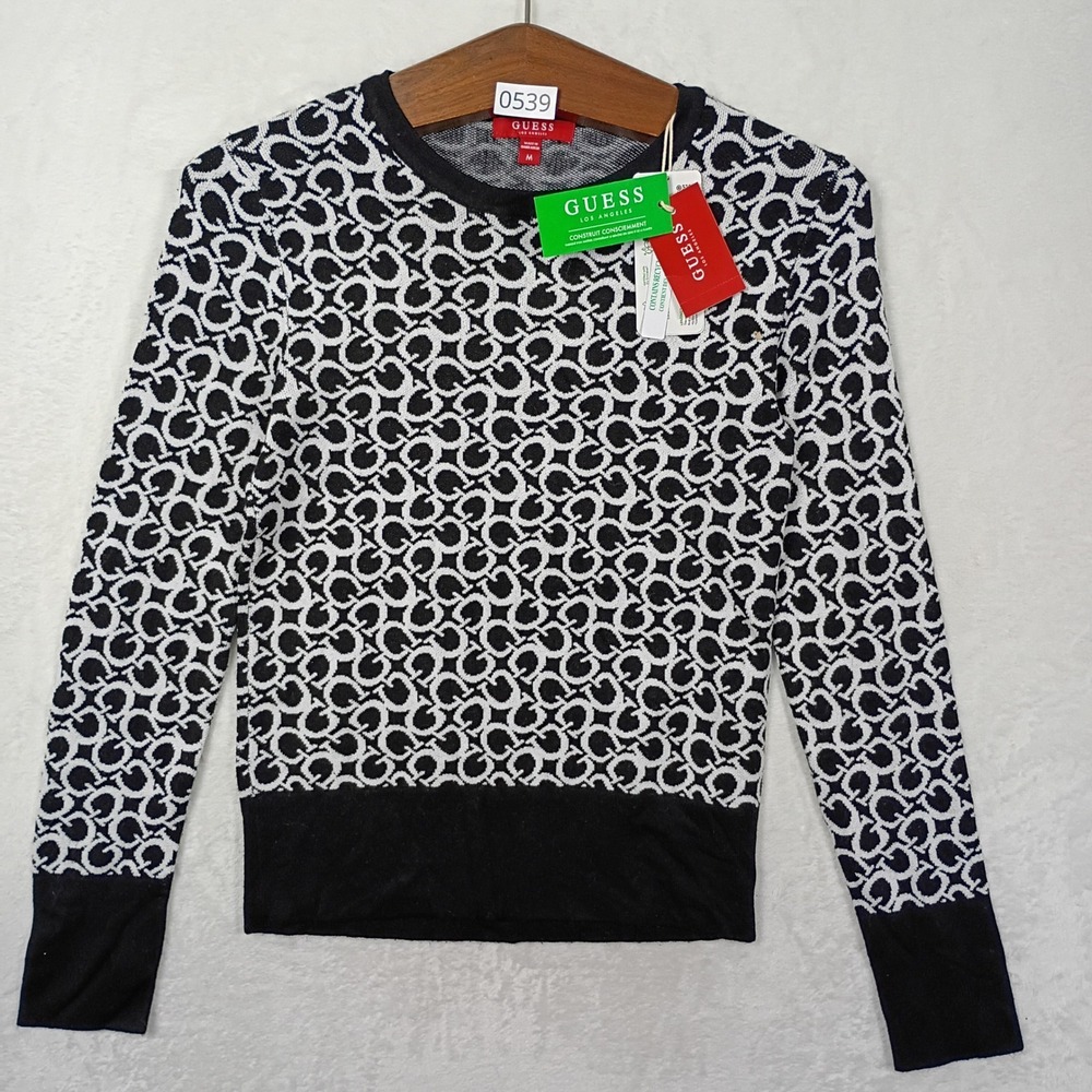Guess Sweater Womens Medium Black Monogram Logo Knit Top Y2K 90s Streetwear